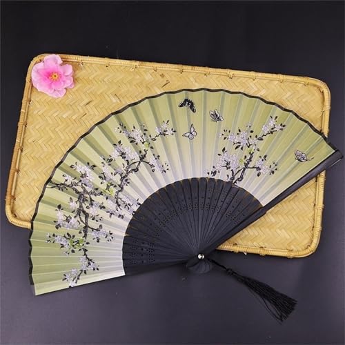 DOTBUY-SHOP Holz & Stoff Faltbare Fächer, Chinesischer Handfächer Fächer Klein Holz, Fecher Sommer mit Quasten, für Geburtstagsgeschenk,Tanzen, Party,Requisiten-Dekoration (4 Stück,Hellgrün) von DOTBUY-SHOP