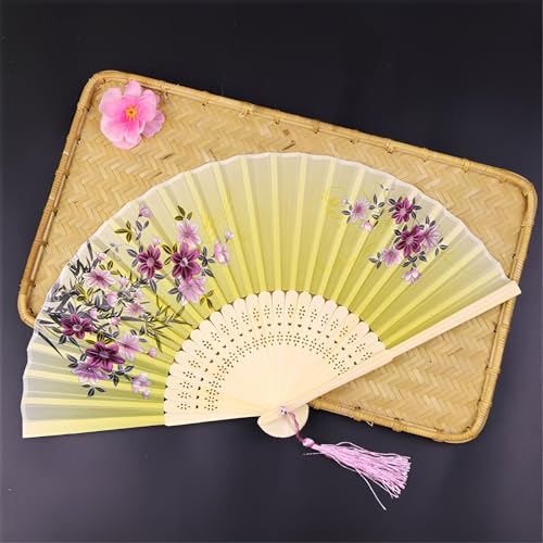 DOTBUY-SHOP Mehrfarbig Faltbare Fächer, Chiffon Chinesischer Handfächer, Fächer Klein Holz, Klassischer Fecher Sommer, für Geburtstagsgeschenk, Tanzen, Hochzeit, Party Dekoration (2 Stück,Gelb) von DOTBUY-SHOP