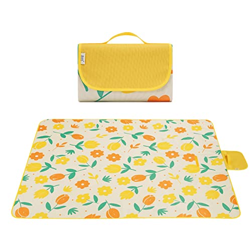DOTBUY-SHOP Picknickdecke Wasserdicht, Campingdecke Stranddecke Obst Pflanze Maschinenwaschbar Faltbar Isoliert Picknickmatte, für Outdoor Strand, Campen und Ausflüge (195x200cm,Gelbe Blumen) von DOTBUY-SHOP