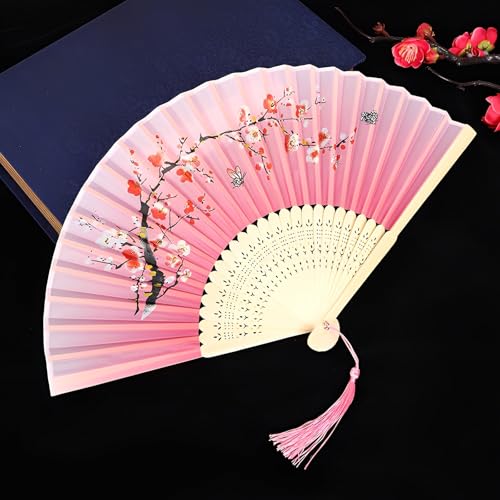 DOTBUY-SHOP Sakura-Muster Faltbare Fächer, Chinesischer Handfächer Fächer Klein Holz, Fecher Sommer mit Quasten,für Geburtstagsgeschenk,Tanzen,Party,Requisiten-Dekoration (5 Stück,Rosa) von DOTBUY-SHOP