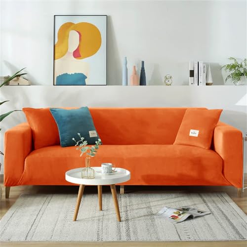 DOTBUY-SHOP Samt Stretch Sofabezug rutschfest Sofaüberwürfe mit Armlehnen, Universal Wohnzimmer All-Inclusive Ecksofa L Form Sofa/Sesselbezug für Hotel Schlafzimmer Zuhause (3 Sitzer,orange Farbe) von DOTBUY-SHOP
