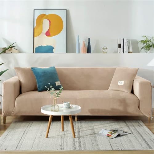 DOTBUY-SHOP Samt Stretch Sofabezug rutschfest Sofaüberwürfe mit Armlehnen, Universal Wohnzimmer All-Inclusive Ecksofa L Form Sofa/Sesselbezug für Hotel Schlafzimmer Zuhause (4 Sitzer,Khaki) von DOTBUY-SHOP