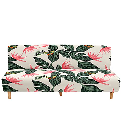 DOTBUY-SHOP Sofa Überzug Ohne Armlehnen, Tropisch Stil Armlose Sofabettüberzug Stretch Sofabezug Sofabettbezug Elastisch Sofa Schonbezug, Bezug für Klappsofa (120~150cm,Pinke Blumen) von DOTBUY-SHOP