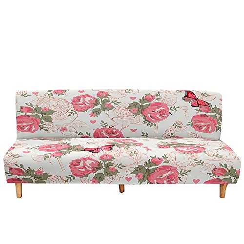 DOTBUY-SHOP Sofabezug Ohne Armlehnen, Elegant Blumen Armlose Sofabettüberzug, Stretch Weich Antirutsch Schonbezug, Klappbar Sitzcouch, Sofa Schutz, für Klappsofa Bett (Pinke Rose,M-160~190cm) von DOTBUY-SHOP