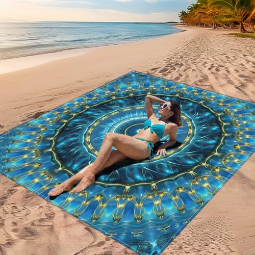 DOTBUY-SHOP Stranddecke Groß, 3D-Mandala Stranddecke Sandfrei Picknickdecke Wasserdicht, Tragbare Faltbar Strandmatte Schnelltrocknend Picknickmatte für Camping (Blau Gold,150x150cm) von DOTBUY-SHOP