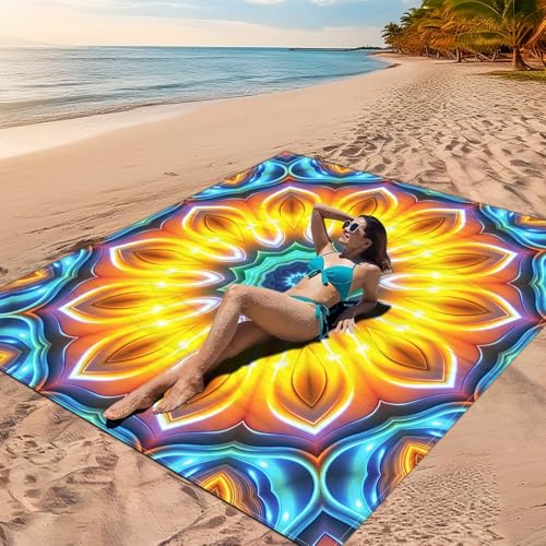 DOTBUY-SHOP Stranddecke Groß, 3D-Mandala Stranddecke Sandfrei Picknickdecke Wasserdicht, Tragbare Faltbar Strandmatte Schnelltrocknend Picknickmatte für Camping (Gold,200x200cm) von DOTBUY-SHOP