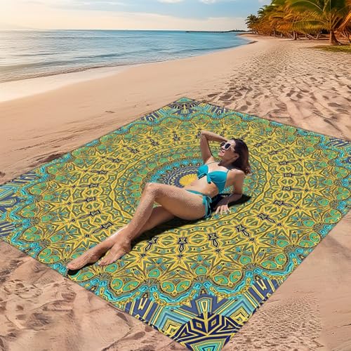 DOTBUY-SHOP Stranddecke Groß, 3D-Mandala Stranddecke Sandfrei Picknickdecke Wasserdicht, Tragbare Faltbar Strandmatte Schnelltrocknend Picknickmatte für Camping (Grün Gold,150x150cm) von DOTBUY-SHOP
