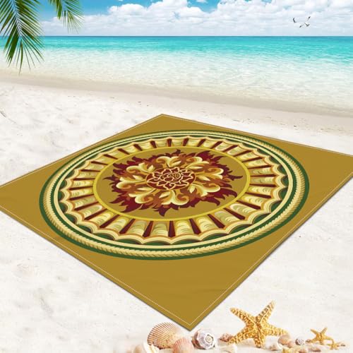 DOTBUY-SHOP Stranddecke Groß, 3D-Mandala Stranddecke Sandfrei Picknickdecke Wasserdicht, Tragbare Faltbar Strandmatte Schnelltrocknend Picknickmatte für Camping (Kaffee Grün,200x200cm) von DOTBUY-SHOP