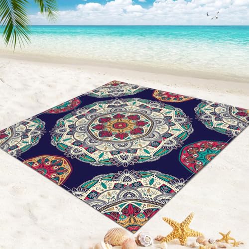 DOTBUY-SHOP Stranddecke Groß, 3D-Mandala Stranddecke Sandfrei Picknickdecke Wasserdicht, Tragbare Faltbar Strandmatte Schnelltrocknend Picknickmatte für Camping (Marineblau,150x150cm) von DOTBUY-SHOP