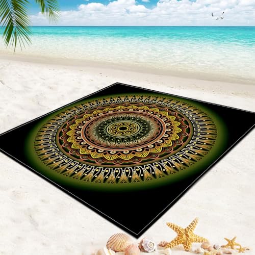 DOTBUY-SHOP Stranddecke Groß, 3D-Mandala Stranddecke Sandfrei Picknickdecke Wasserdicht, Tragbare Faltbar Strandmatte Schnelltrocknend Picknickmatte für Camping (Schwarz Grün,150x150cm) von DOTBUY-SHOP