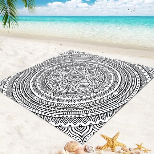 DOTBUY-SHOP Stranddecke Groß, 3D-Mandala Stranddecke Sandfrei Picknickdecke Wasserdicht, Tragbare Faltbar Strandmatte Schnelltrocknend Picknickmatte für Camping (Schwarz Weiß,200x200cm) von DOTBUY-SHOP
