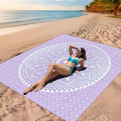 DOTBUY-SHOP Stranddecke Groß, 3D-Mandala Stranddecke Sandfrei Picknickdecke Wasserdicht, Tragbare Faltbar Strandmatte Schnelltrocknend Picknickmatte für Camping (Violett,200x200cm) von DOTBUY-SHOP