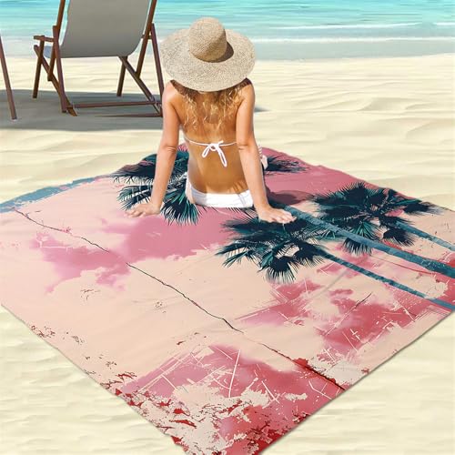 DOTBUY-SHOP Stranddecke Groß, Stranddecke Sandfrei, Picknickdecke Wasserdicht, Faltbar Strandmatte, Schnelltrocknend Outdoor Picknickmatte für Wandern und Camping (Rote Kokospalmen,150x150cm) von DOTBUY-SHOP