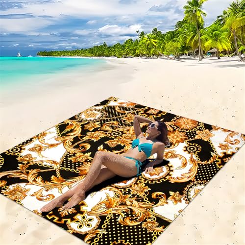 DOTBUY-SHOP Stranddecke Groß, Stranddecke Sandfrei, Picknickdecke Wasserdicht, Strandmatte, Schnelltrocknend Outdoor Picknickmatte Wandern Camping -Retro Exotisch (Gold,200x240cm) von DOTBUY-SHOP