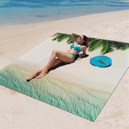 DOTBUY-SHOP Stranddecke Groß, Stranddecke Sandfrei, Picknickdecke Wasserdicht, Tragbare Faltbar Strandmatte, Schnelltrocknend Outdoor Picknickmatte für Wandern (Meerwasser,180x180cm) von DOTBUY-SHOP