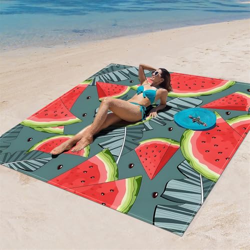 DOTBUY-SHOP Stranddecke Groß, Stranddecke Sandfrei, Picknickdecke Wasserdicht, Tragbare Faltbar Strandmatte, Schnelltrocknend Outdoor Picknickmatte für Wandern (Rote Wassermelone,200x200cm) von DOTBUY-SHOP