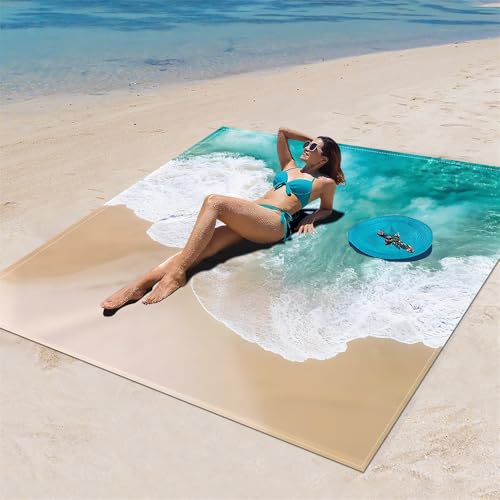 DOTBUY-SHOP Stranddecke Groß, Stranddecke Sandfrei, Picknickdecke Wasserdicht, Tragbare Faltbar Strandmatte, Schnelltrocknend Outdoor Picknickmatte für Wandern (Wellen,200x200cm) von DOTBUY-SHOP