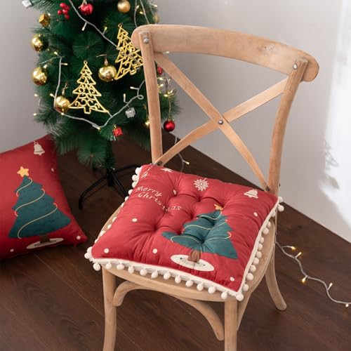 DOTBUY-SHOP Weihnachten Sitzkissen 40cm, rutschfest Sitzkissen mit Schnürung Robuste Stuhlkissen Kinder Komfortabel Sitzpolster für Garten, Büro, Weihnachtsfeier (Weihnachtsbaum,2er Set) von DOTBUY-SHOP