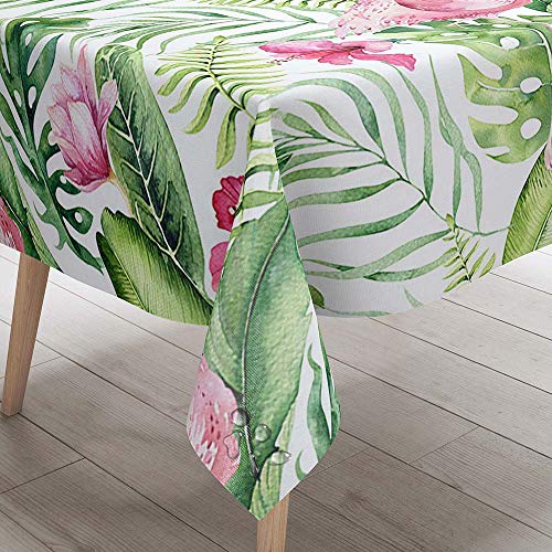 Tischdecke Abwaschbar Garten, DOTBUY Blume Flamingo Palmblätter Wasserabweisende Tischdecke Rechteckig Abwischbare Wachstuch Desktop Dekorative Tuch Hotel Bankett Party (F,140x160cm) von DOTBUY-SHOP