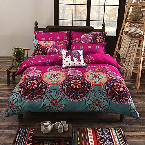 DOTBUY Boho Bettwäsche Sets 150x200 cm 3 Teilig Mikrofaser Mandala Böhmisch Bettbezüge, mit 2 Kissenbezug 50x75 cm, mit Reißverschluss Vintage Bettbezug, Fuchsia Türkis Bunt von DOTBUY