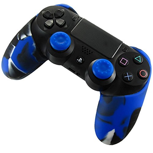 DOTBUY 1 x PS4 Dicker Hälfte Silikon Schutzhülle Sleeve + 2 Analog Cups Silikon Thumb Grips für Sony Playstation 4 Controller - Bundle (Camo Blue) von DOTBUY-SHOP
