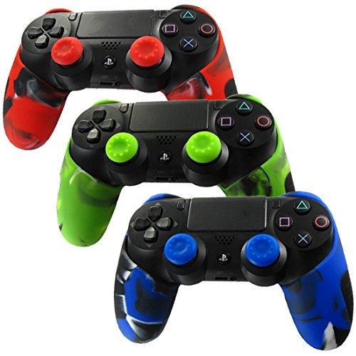 DOTBUY 3 x PS4 Dicker Hälfte Silikon Schutzhülle Sleeve + 6 Analog Cups Silikon Thumb Grips für Sony Playstation 4 Controller - Bundle (Camo Red,Green,Blue) von DOTBUY-SHOP
