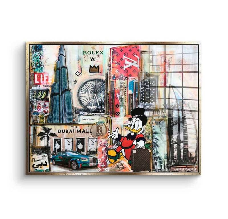 DOTCOMCANVAS® Acrylglasbild Dagobert in Dubai - Acrylglas, Dagobert Duck Acrylglasbild quer Dubai skyline Comic Pop Art Collage von DOTCOMCANVAS®
