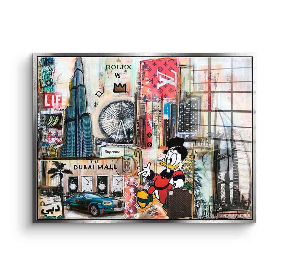 DOTCOMCANVAS® Acrylglasbild Dagobert in Dubai - Acrylglas, Dagobert Duck Acrylglasbild quer Dubai skyline Comic Pop Art Collage von DOTCOMCANVAS®