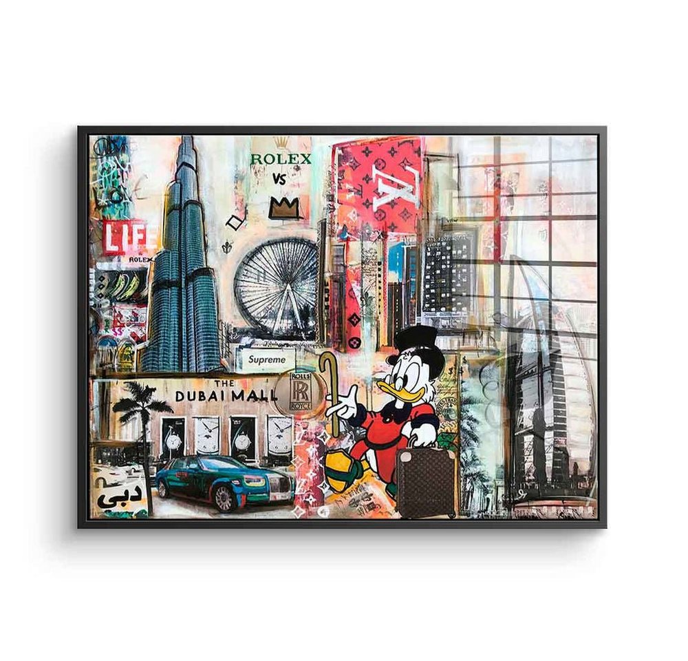 DOTCOMCANVAS® Acrylglasbild Dagobert in Dubai - Acrylglas, Dagobert Duck Acrylglasbild quer Dubai skyline Comic Pop Art Collage von DOTCOMCANVAS®