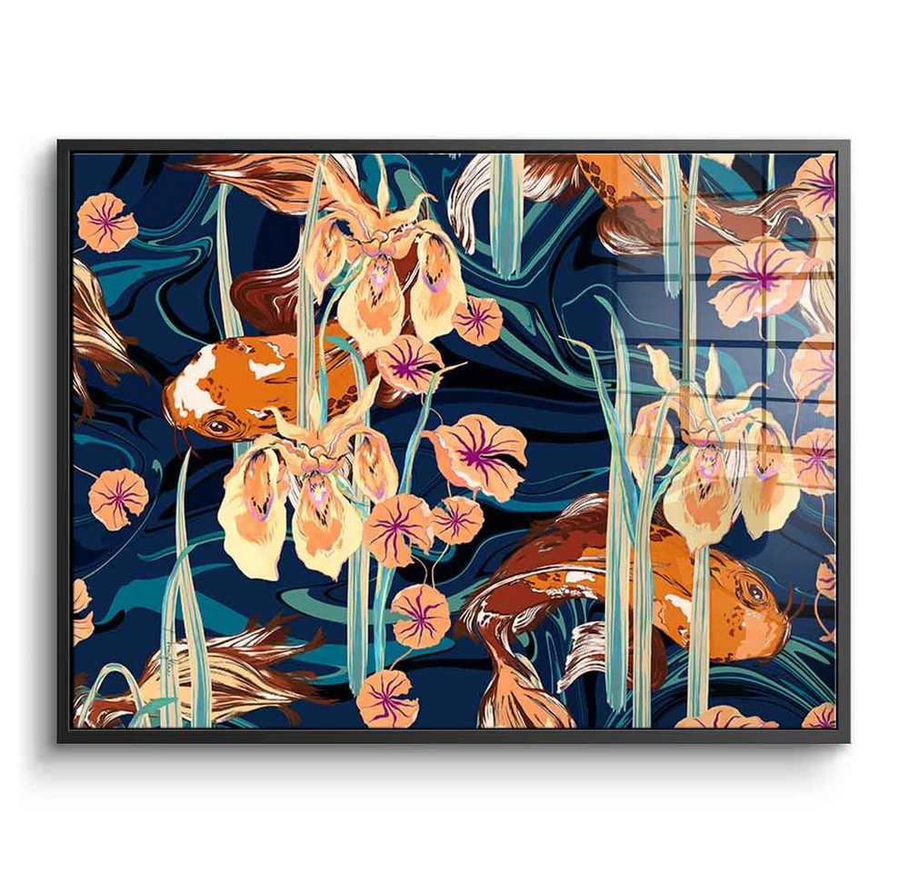 DOTCOMCANVAS® Acrylglasbild Koi Flower Spin - Acrylglas, Acrylglasbild Koi Fische Blumen orange beige blau florales Wandbild von DOTCOMCANVAS®