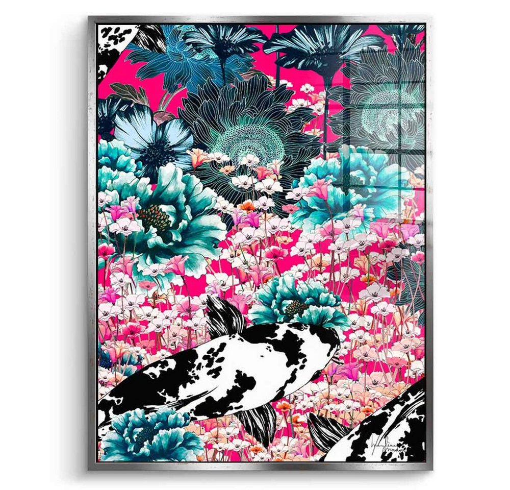 DOTCOMCANVAS® Acrylglasbild Koi Japan Sun - Acrylglas, Acrylglasbild Koi Japan Sun Koi Fische Blumen grün rosa pink Wandbild von DOTCOMCANVAS®