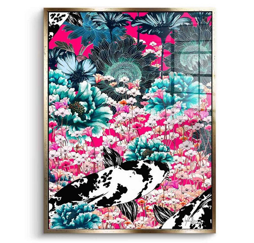 DOTCOMCANVAS® Acrylglasbild Koi Japan Sun - Acrylglas, Acrylglasbild Koi Japan Sun Koi Fische Blumen grün rosa pink Wandbild von DOTCOMCANVAS®