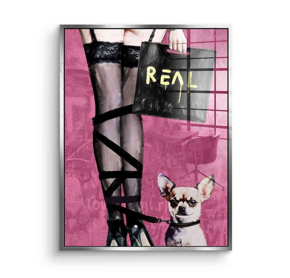 DOTCOMCANVAS® Acrylglasbild Strappy Stiletto - Acrylglas, Acrylglasbild Hund Chihuahua Frau lila Strappy Stiletto Lifestyle von DOTCOMCANVAS®