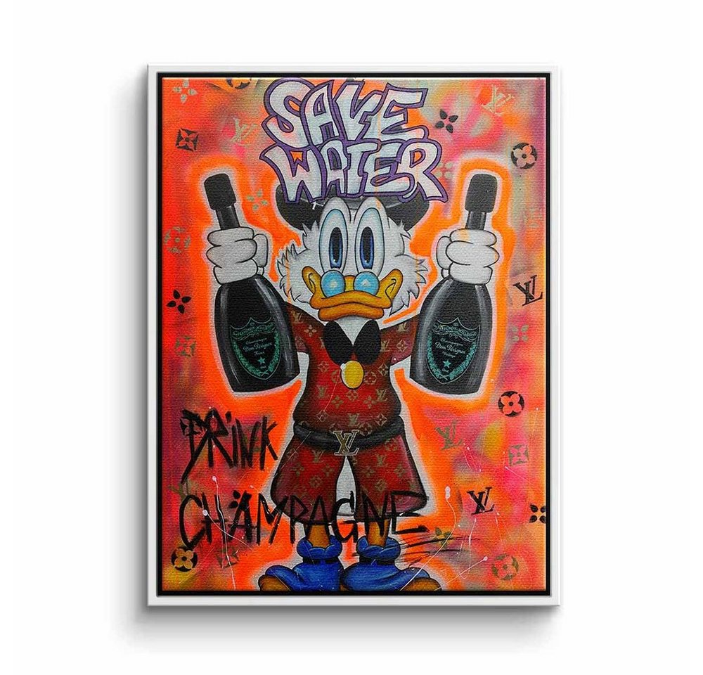 DOTCOMCANVAS® Leinwandbild, Duck Pop Art Comic Leinwand Bild Save Water drink champagne xxl Motiv von DOTCOMCANVAS®