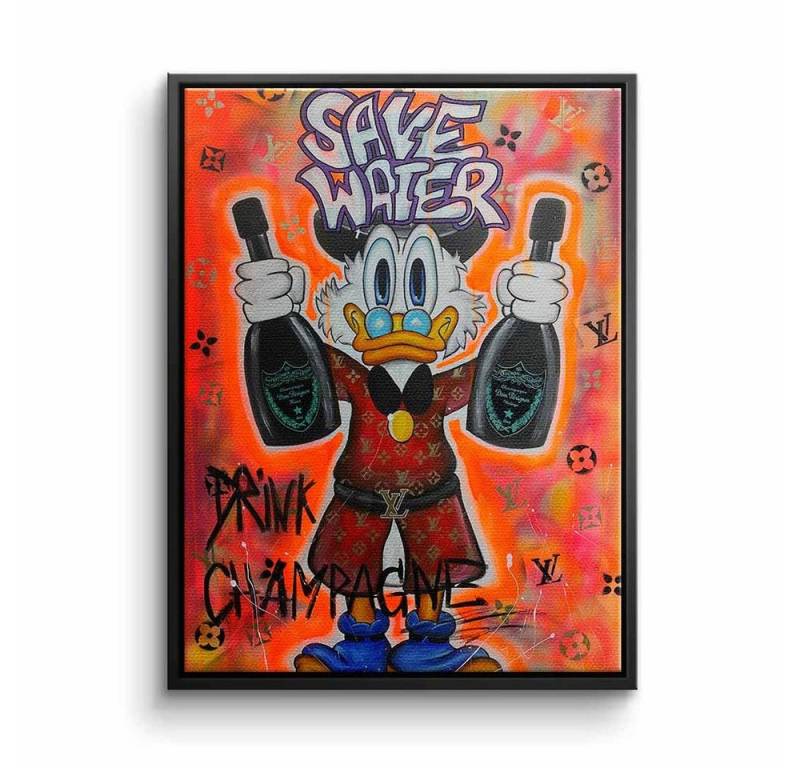 DOTCOMCANVAS® Leinwandbild, Duck Pop Art Comic Leinwand Bild Save Water drink champagne xxl Motiv von DOTCOMCANVAS®
