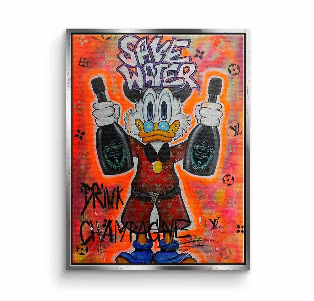 DOTCOMCANVAS® Leinwandbild, Duck Pop Art Comic Leinwand Bild Save Water drink champagne xxl Motiv von DOTCOMCANVAS®
