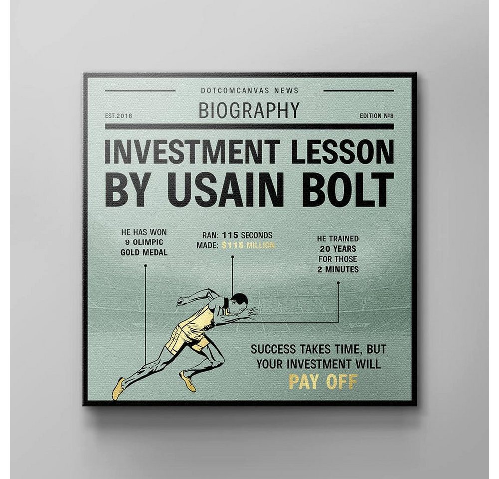 DOTCOMCANVAS® Leinwandbild, Englisch, Premium Leinwandbild - Motivation - USAIN BOLT INVESTMENT LESSON - B von DOTCOMCANVAS®