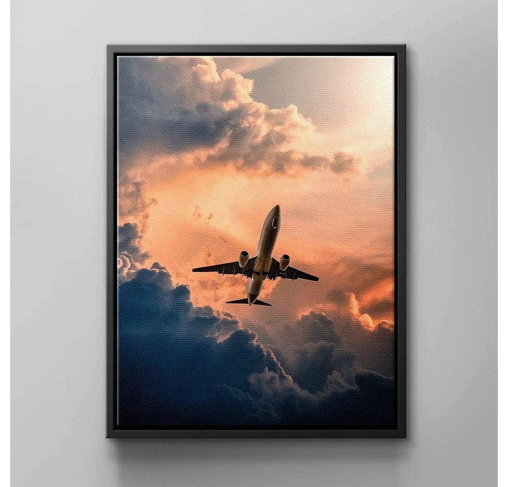 DOTCOMCANVAS® Leinwandbild, Flugzeug Wandbild bei roten Sunnenuntergang von DOTCOMCANVAS®