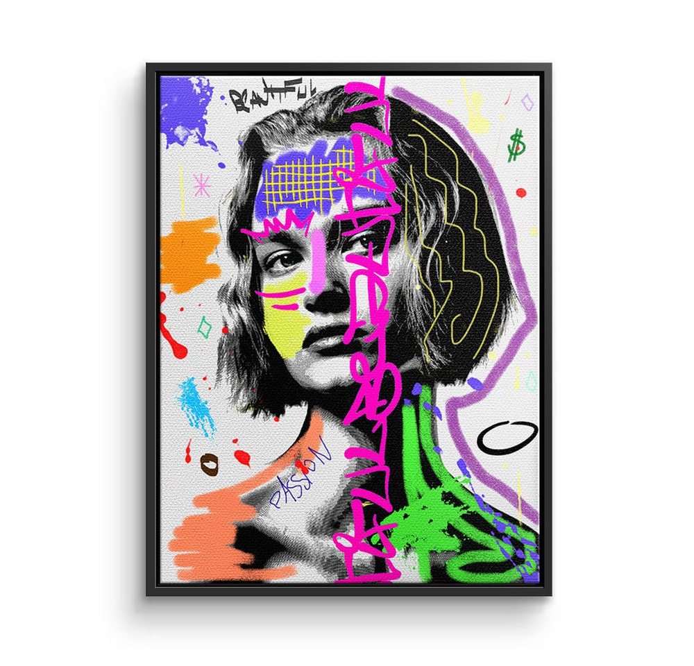 DOTCOMCANVAS® Leinwandbild, Leinwandbild Pop Art Graffiti Lady Power weiß mit premium Rahmen von DOTCOMCANVAS®