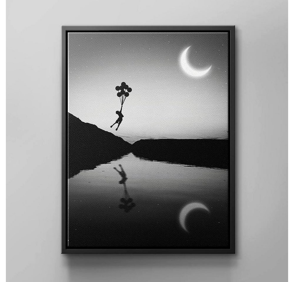 DOTCOMCANVAS® Leinwandbild Ballon Kid, Wandbild Natur Fluss Mond fliegen Kind Junge Ballon schwarz grau wei von DOTCOMCANVAS®