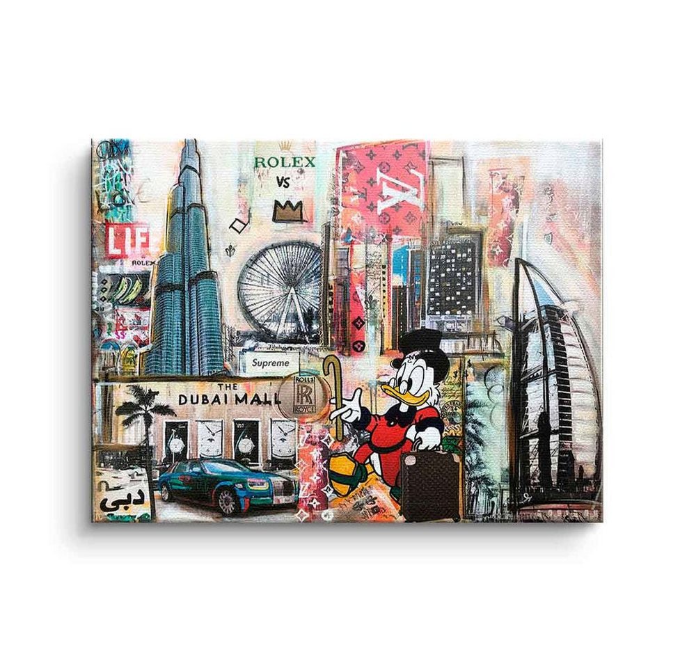 DOTCOMCANVAS® Leinwandbild Dagobert in Dubai, Dagobert Duck Leinwandbild quer Dubai Skyline Comic Pop Art Collage von DOTCOMCANVAS®