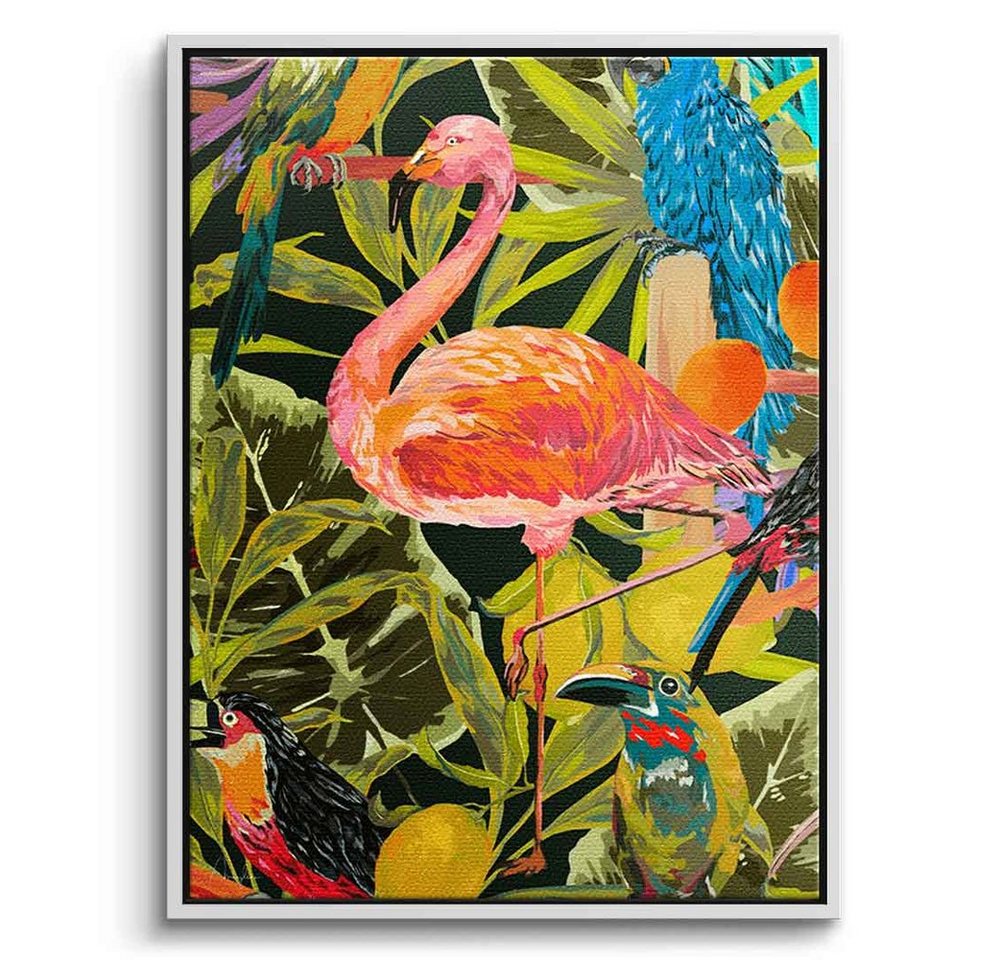 DOTCOMCANVAS® Leinwandbild Dschungelflamingo, Leinwandbild Dschungel Flamingo Tropisch exotisch Tiere Wandbild von DOTCOMCANVAS®