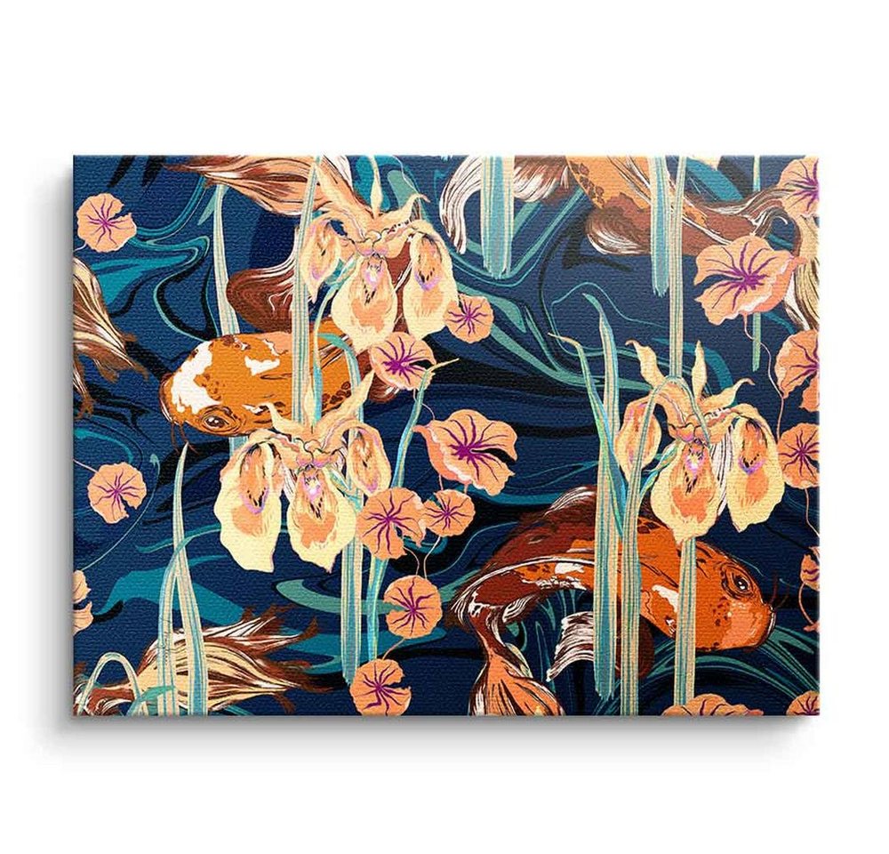 DOTCOMCANVAS® Leinwandbild Koi Flower Spin, Leinwandbild Koi Fische Blumen orange beige blau florales Wandbild von DOTCOMCANVAS®