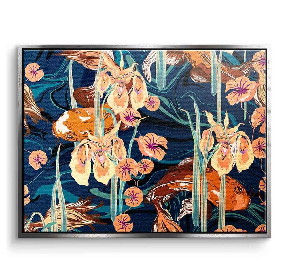 DOTCOMCANVAS® Leinwandbild Koi Flower Spin, Leinwandbild Koi Fische Blumen orange beige blau florales Wandbild von DOTCOMCANVAS®