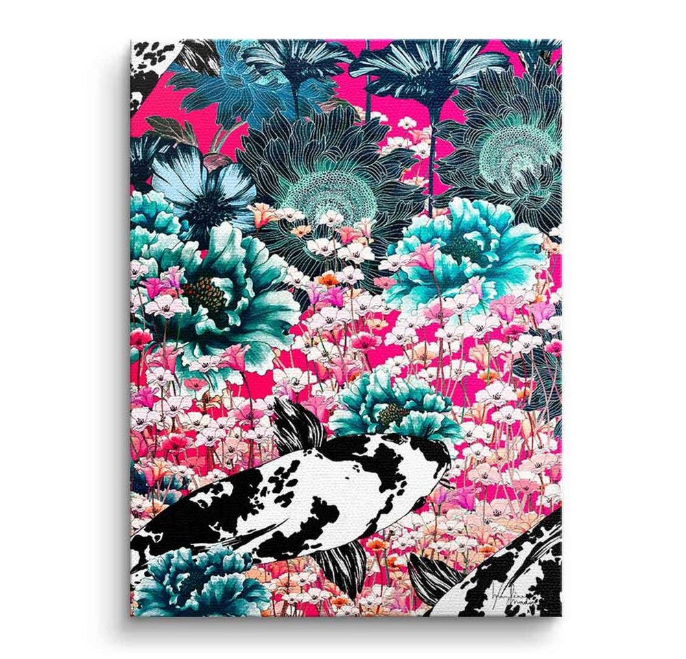 DOTCOMCANVAS® Leinwandbild Koi Japan Sun, Leinwandbild Koi Japan Sun Koi Fische Blumen grün rosa pink Wandbild von DOTCOMCANVAS®