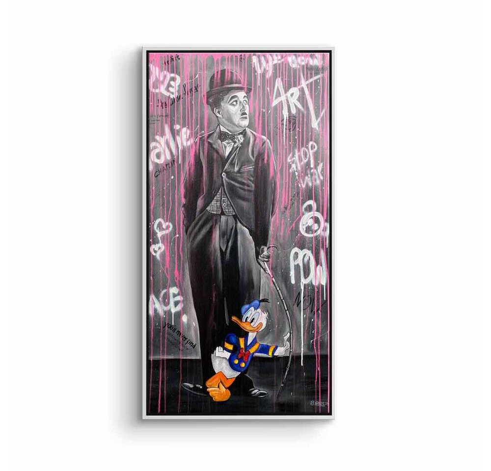 DOTCOMCANVAS® Leinwandbild Pink Rain, Leinwandbild Charlie Chaplin Pop Art Donald Duck mit premium Rahmen von DOTCOMCANVAS®