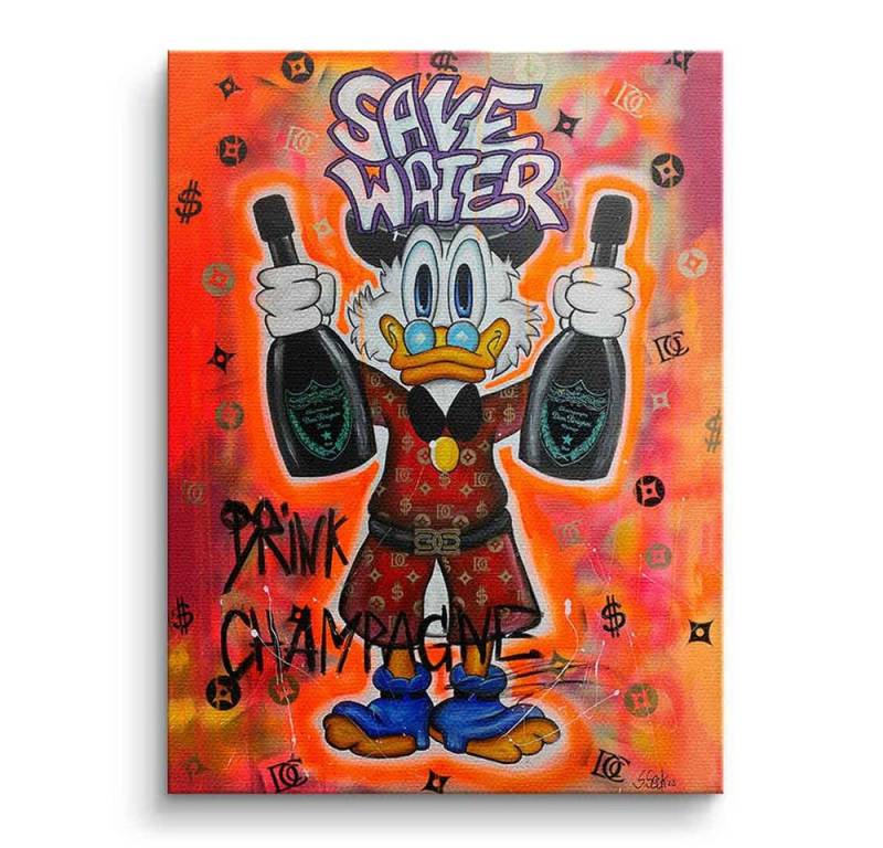 DOTCOMCANVAS® Leinwandbild Save Water Drink Champagne - Wandbild, Duck Pop Art Comic Leinwand Bild Save Water drink champagne xxl Motiv von DOTCOMCANVAS®