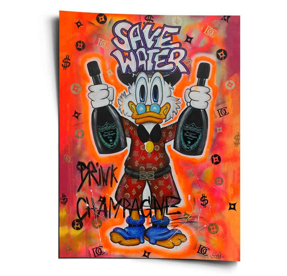 DOTCOMCANVAS® Leinwandbild Save Water Drink Champagne - Wandbild, Duck Pop Art Comic Leinwand Bild Save Water drink champagne xxl Motiv von DOTCOMCANVAS®