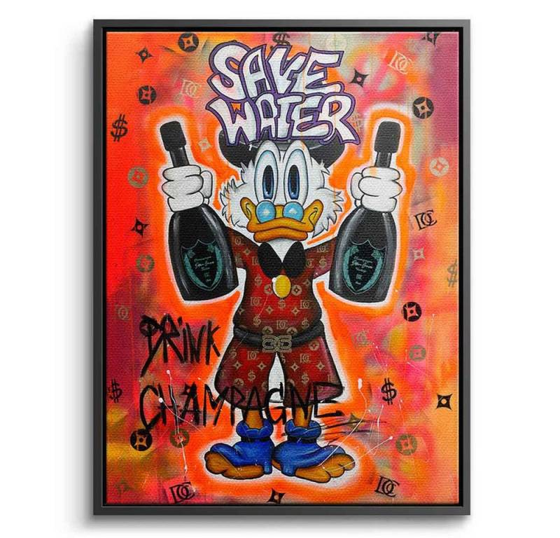 DOTCOMCANVAS® Leinwandbild Save Water - Leinwandbild, Duck Pop Art Comic Leinwand Bild Save Water drink champagne xxl Motiv von DOTCOMCANVAS®