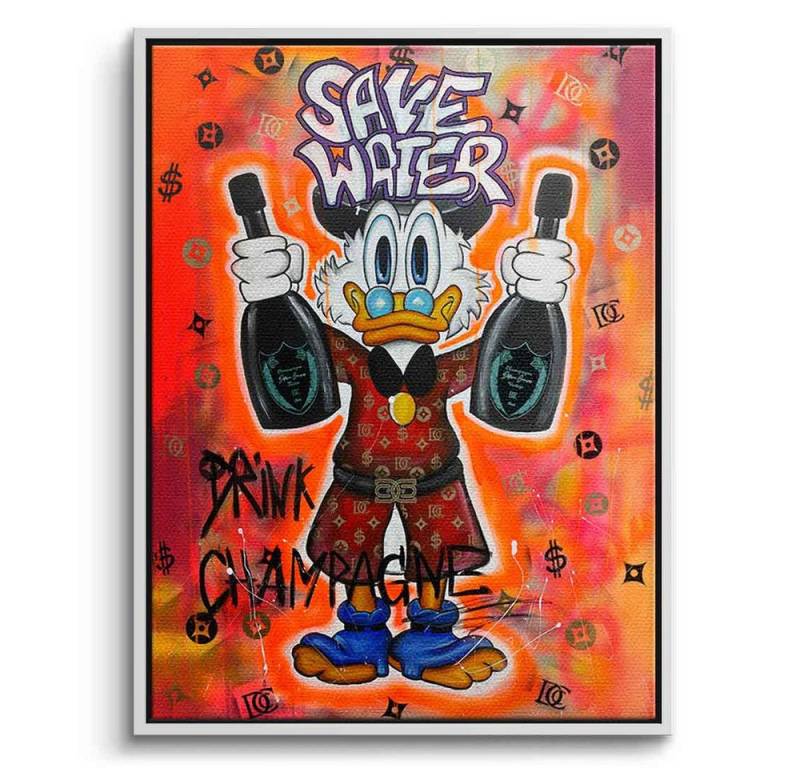 DOTCOMCANVAS® Leinwandbild Save Water - Leinwandbild, Duck Pop Art Comic Leinwand Bild Save Water drink champagne xxl Motiv von DOTCOMCANVAS®